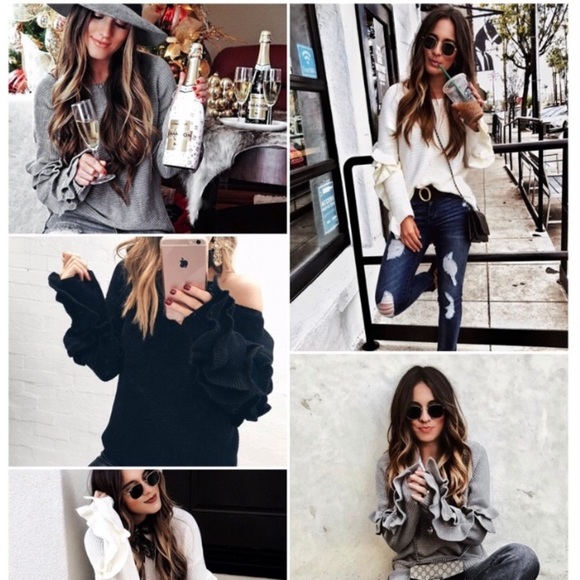 Ivory Ruffled Sleeve Knit One Size Sweater - Picture 5 of 6